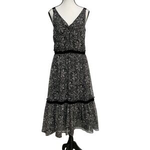 Ann Taylor LOFT Womens Midi Dress Sz 8 Black Floral Boho Chic Baby Doll Romantic